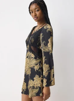 Lace cutouts paisley pattern short dress