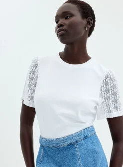 Lace puff-sleeve dual-material T-shirt