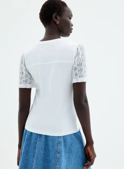 Lace puff-sleeve dual-material T-shirt