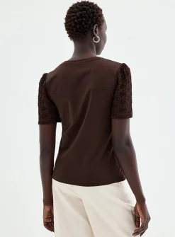 Lace puff-sleeve dual-material T-shirt