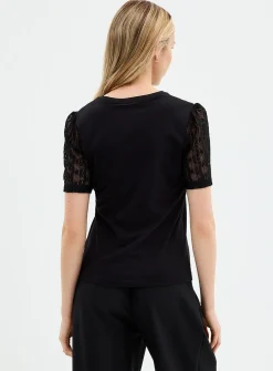 Lace puff-sleeve dual-material T-shirt