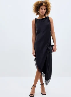 Lace trim satiny asymmetrical skirt