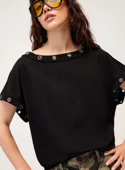 Large eyelets off-the-shoulder T-shirt