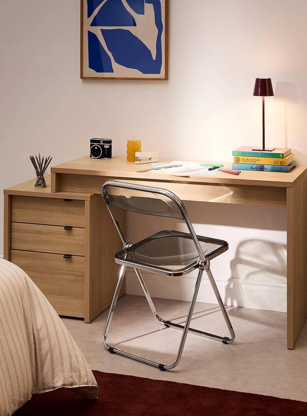 Light oak finish desk and filing cabinet set