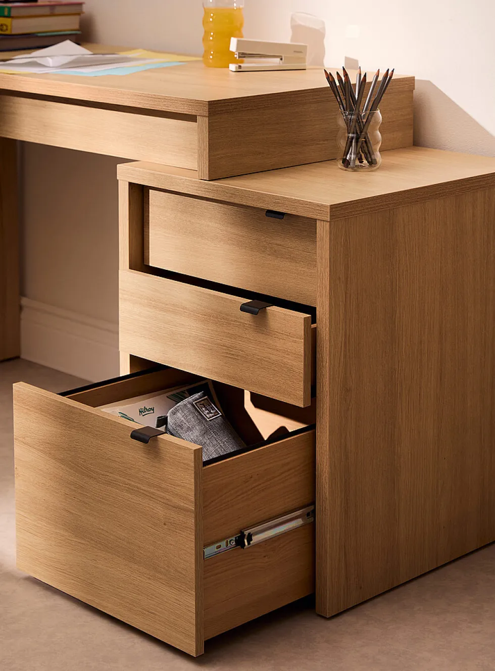 Light oak finish desk and filing cabinet set