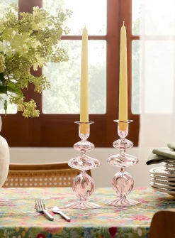 Light pink blown-glass sculptural candleholder
