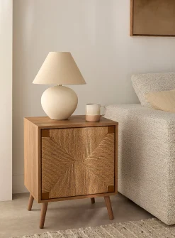 Light walnut finish woven door accent table