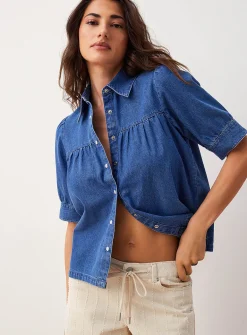 Lightweight denim puff-sleeve boxy-fit blouse
