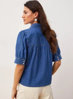 Lightweight denim puff-sleeve boxy-fit blouse