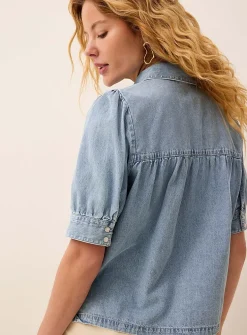 Lightweight denim puff-sleeve boxy-fit blouse