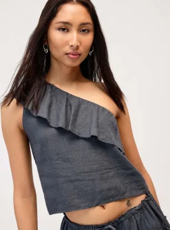Linen-blend ruffled single-shoulder cami