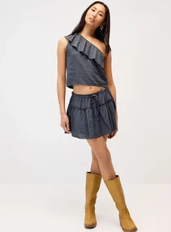 Linen-blend ruffled single-shoulder cami