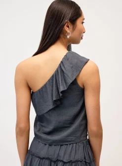 Linen-blend ruffled single-shoulder cami