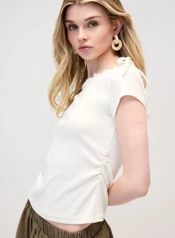 Loops and lace off-shoulder T-shirt