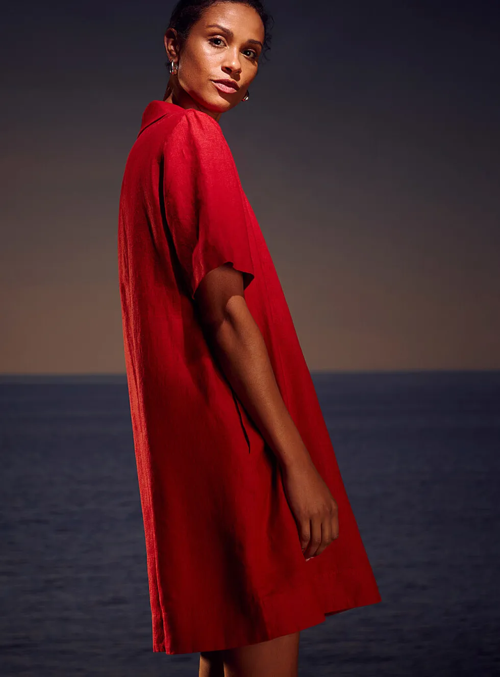 Loose pure linen Johnny collar dress