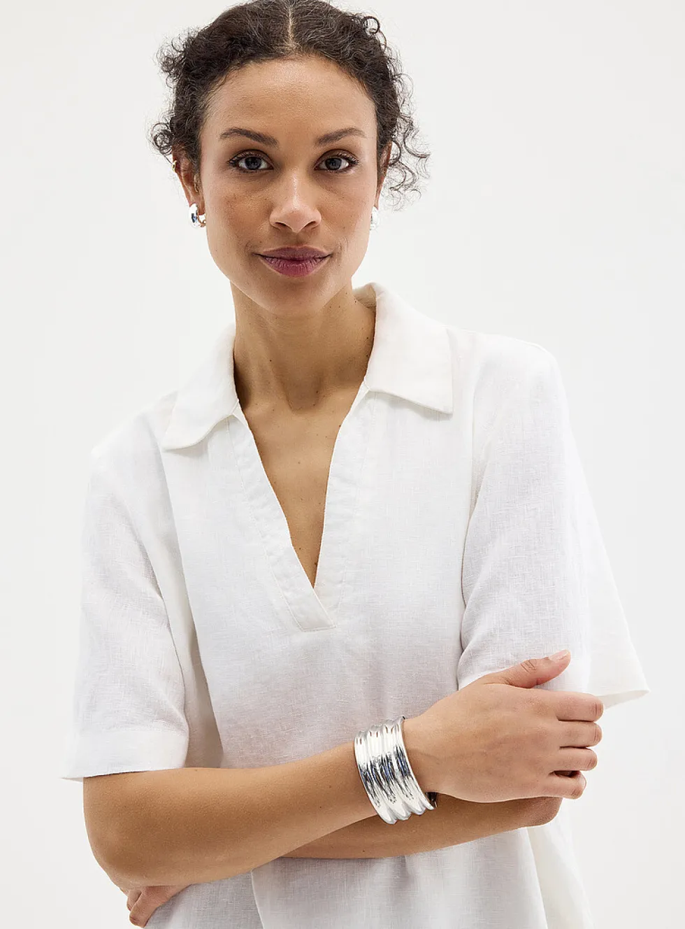 Loose pure linen Johnny collar dress