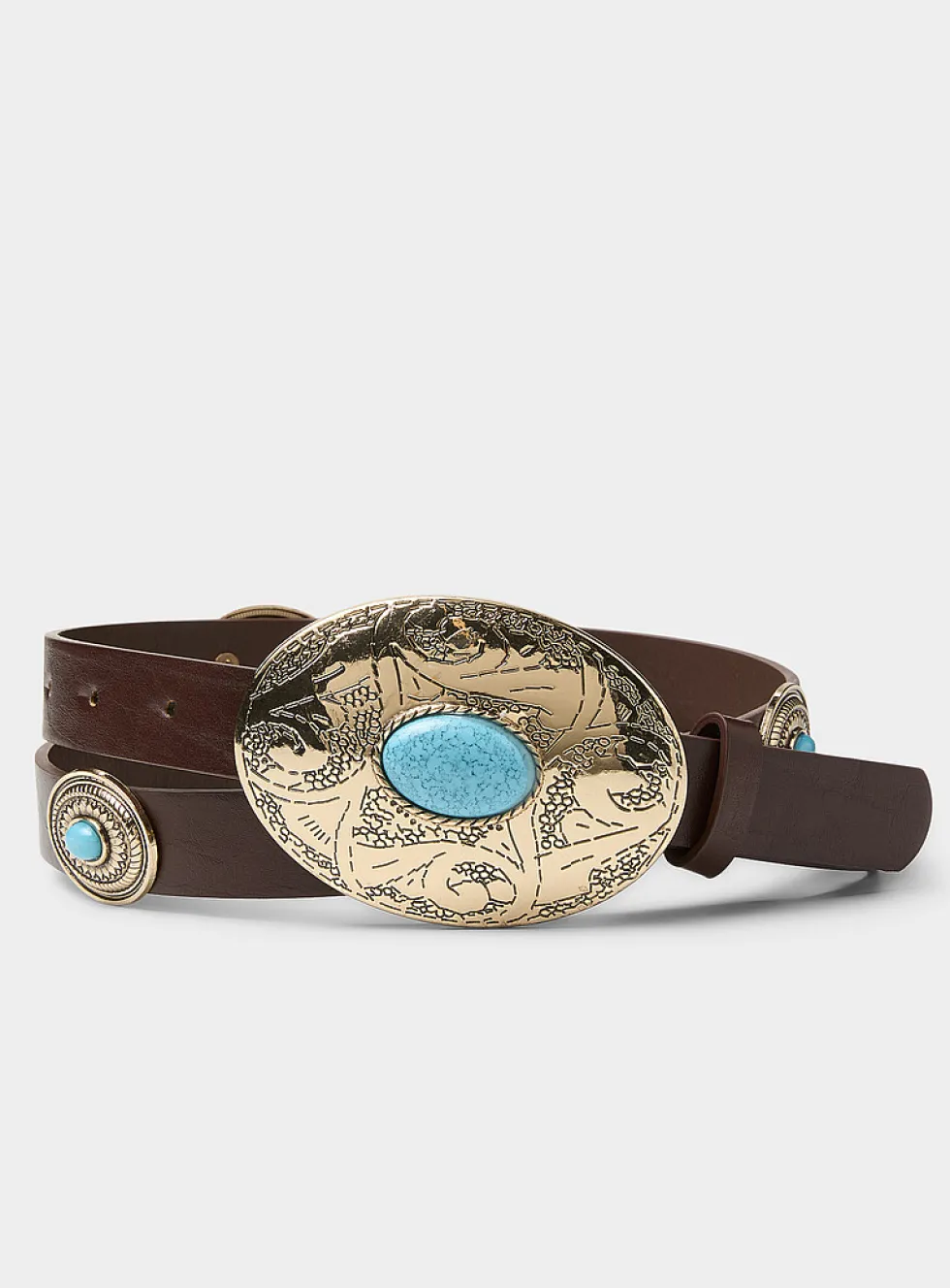 Medallion and turquoise-stone faux-leather belt