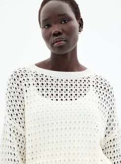Metallic-accent openwork sweater