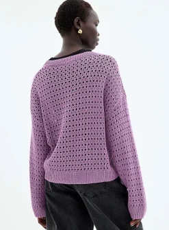 Metallic-accent openwork sweater