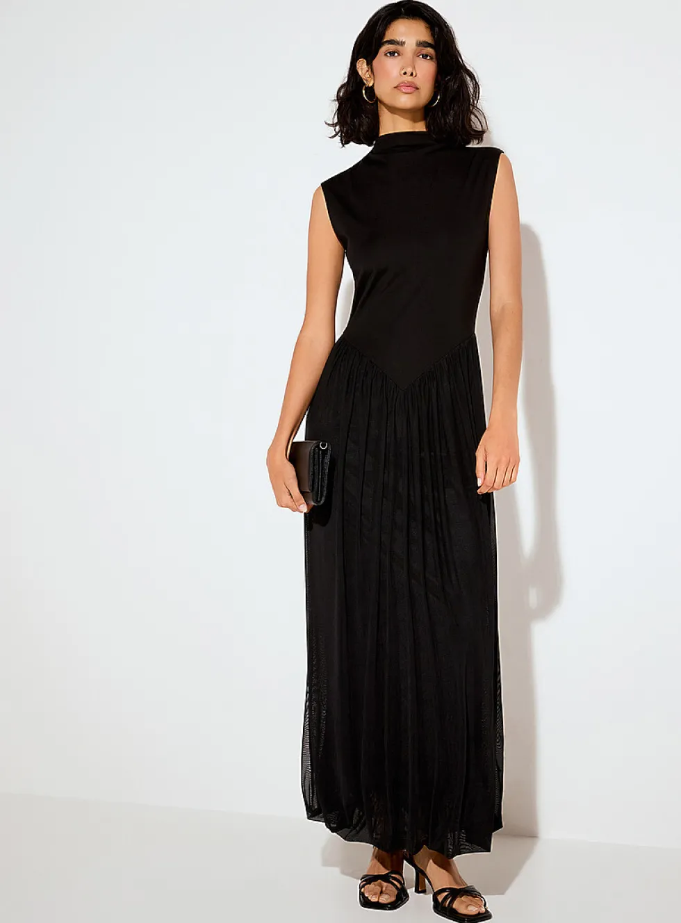 Mixed-material mock-neck maxi sleeveless dress