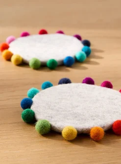 Multicoloured balls border wool coasters