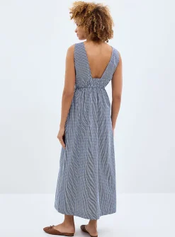 Navy blue checkers ruched waist dress