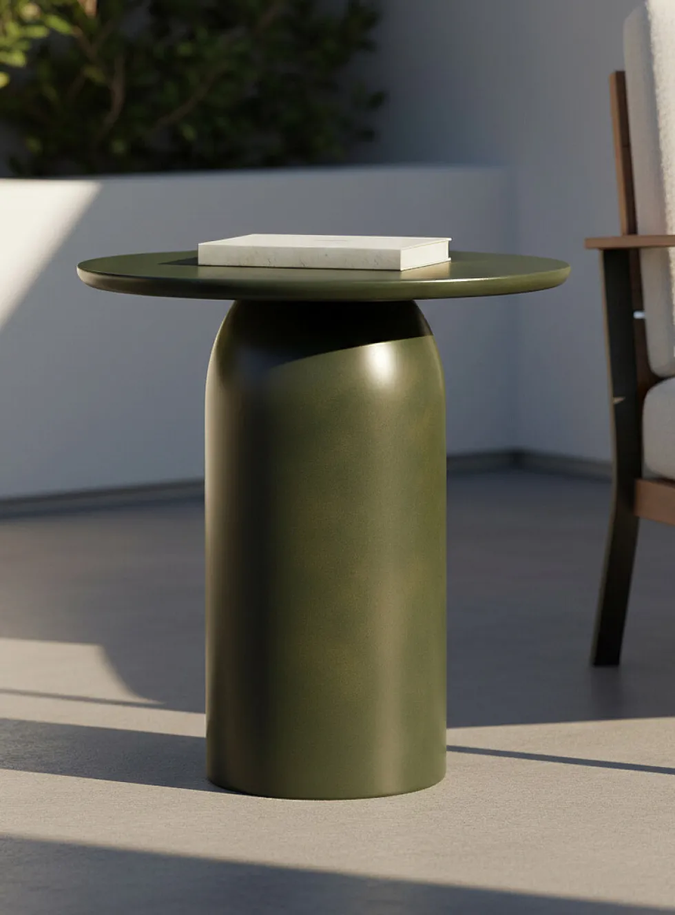 Olive green round concrete table