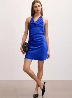 Open-back halter neckline satiny minidress