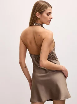 Open-back halter neckline satiny minidress