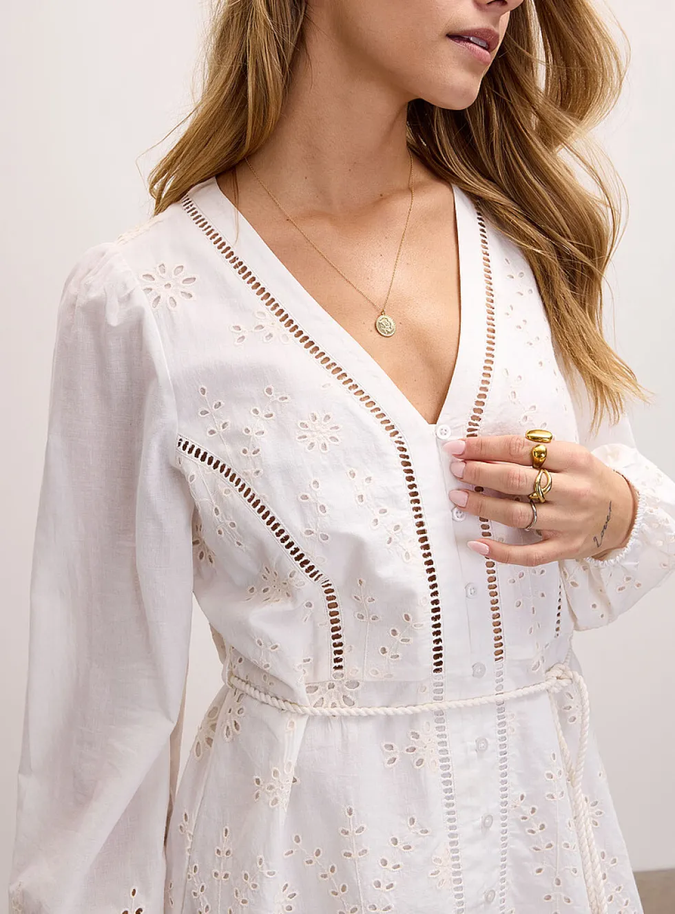 Openwork broderie anglaise belted minidress