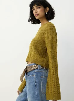 Openwork knit cropped bell-sleeve sweater