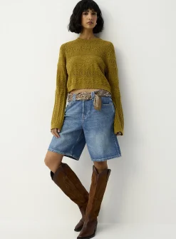 Openwork knit cropped bell-sleeve sweater