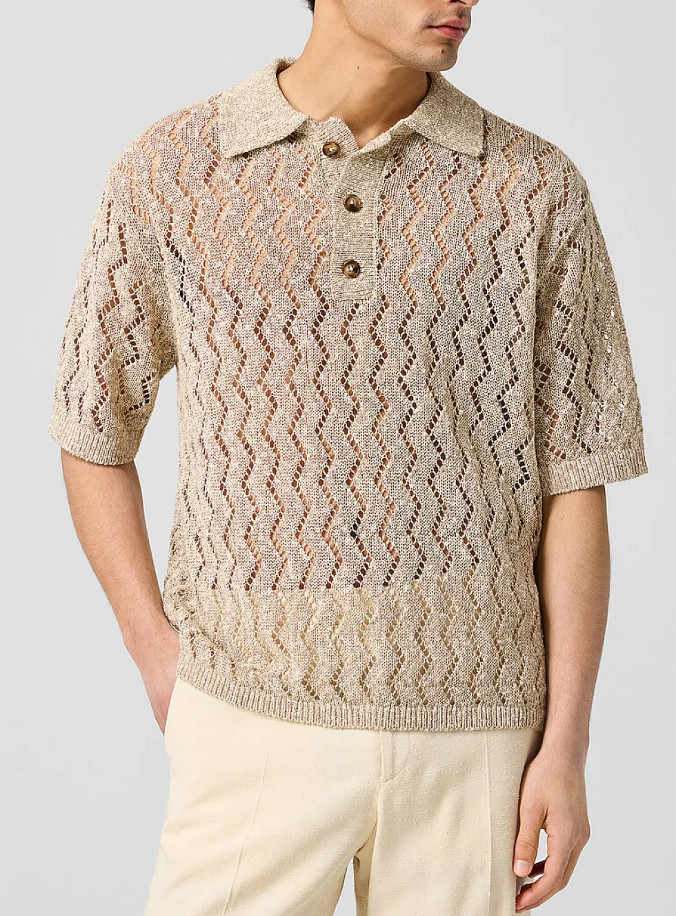 Openwork knit polo collar sweater