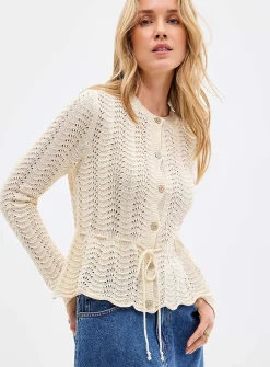 Openwork peplum cardigan with tie detail
