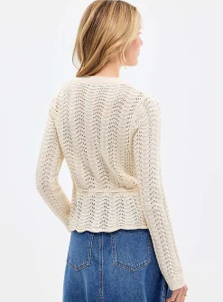 Openwork peplum cardigan with tie detail