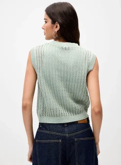 Openwork rib-knit button-up sweater vest