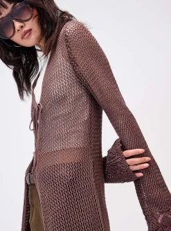 Openwork tie-front long cardigan