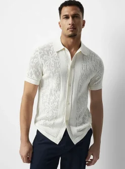 Patterned openwork knit polo-collar cardigan