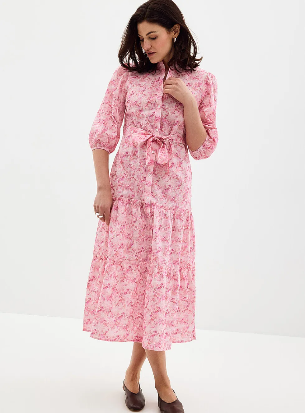 Pink blooms tiered seersucker dress