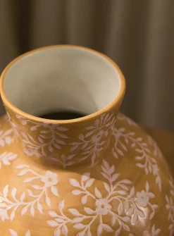 Pink flowers rounded ochre vase