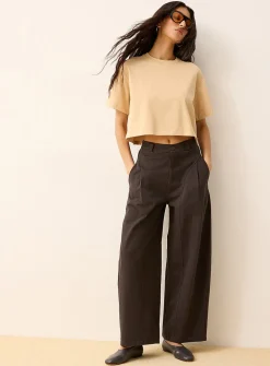 Pleated and topstitched twill barrel-leg pant