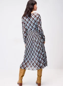 Pleated check maxi dress