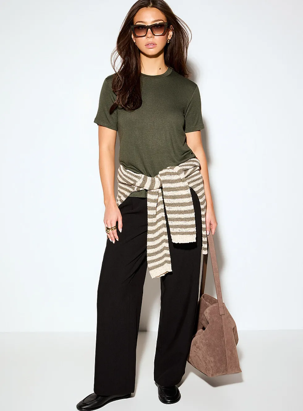 Pleated-waist thick crepe wide-leg pant