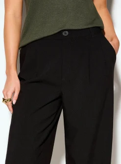 Pleated-waist thick crepe wide-leg pant