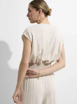 Plunging cross-neck touch of linen blouse