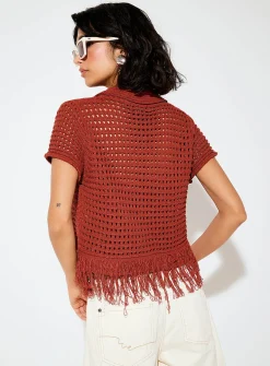 Plush-knit polo-collar fringed cardigan