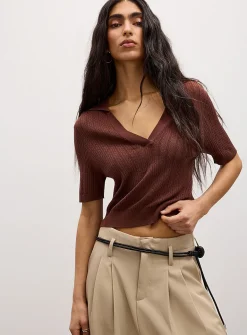Pointelle knit Johnny-collar short-sleeve sweater