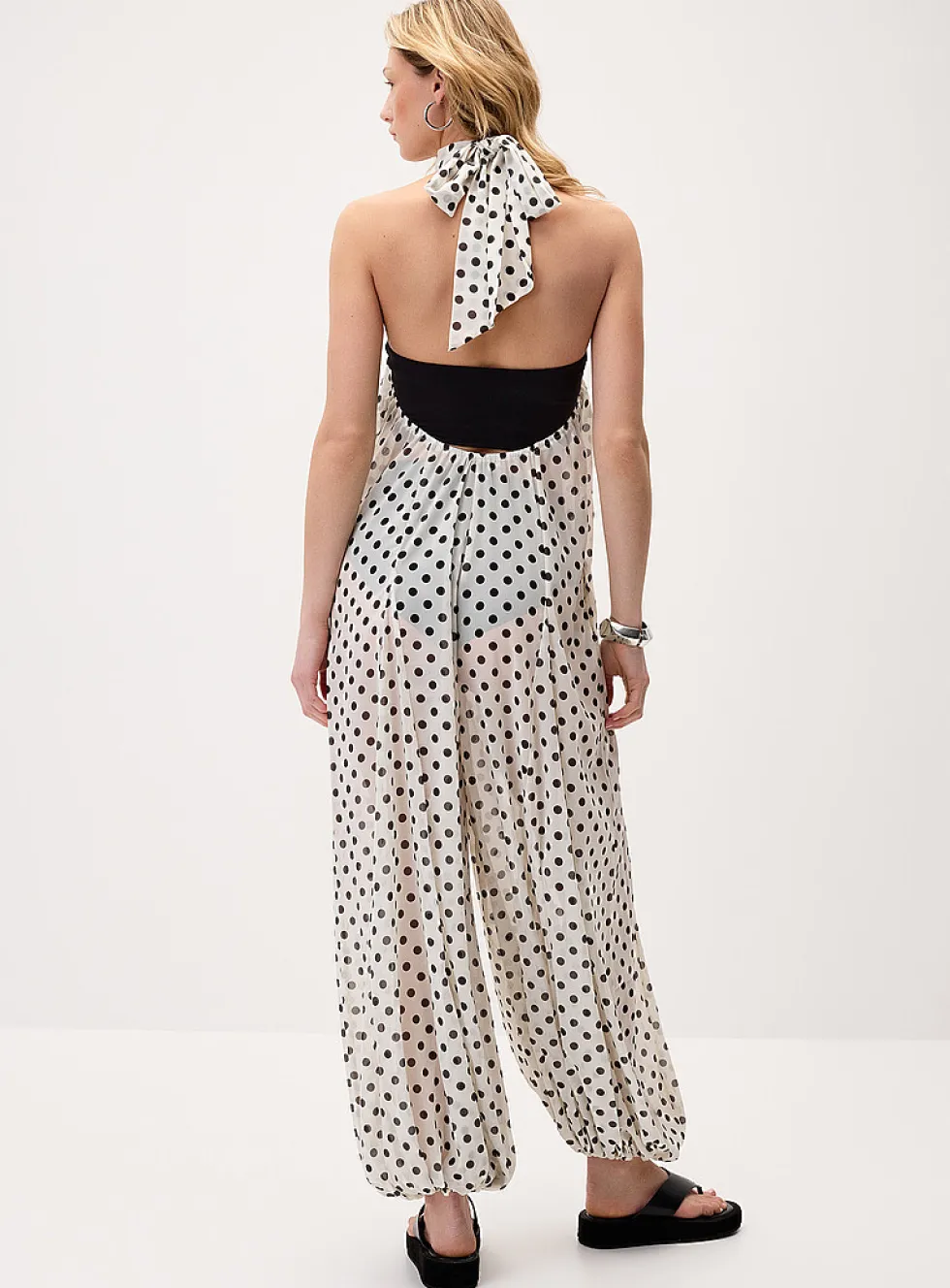 Polka-dotted chiffon halter jumpsuit