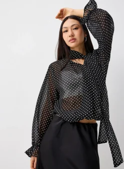 Polka-dotted scarf-neck chiffon blouse