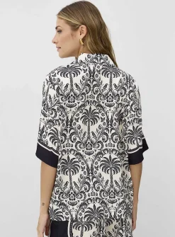 Printed double-face satin notch-collar loose blouse